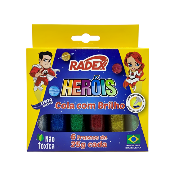 Cola Com Brilho Glitter Com 6 Cores 25g Radex Heróis