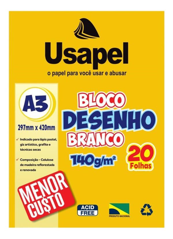 Bloco Desenho Escolar Branco 140g A3 297X420mm Pct 20Fls