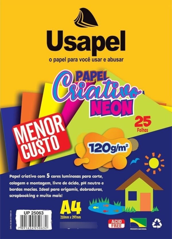 Papel Criativo Neon 5 Cores A4 120g Pct 25Fls Usapel