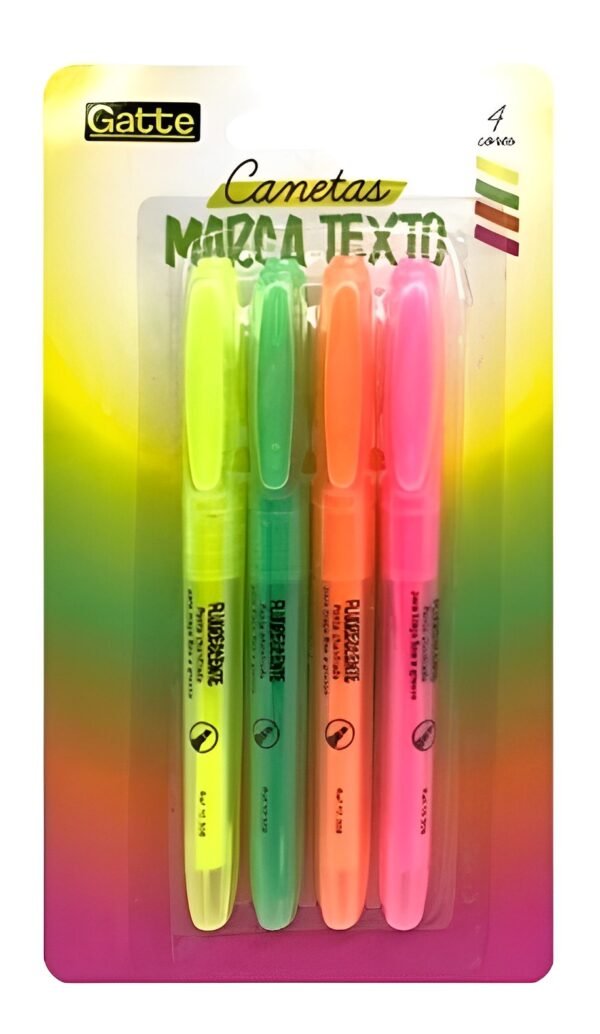 Kit Marca Texto Com 4 Cores Verde Amarelo Laranja Rosa Gatte