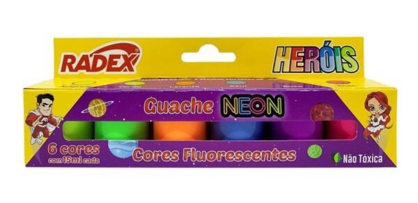 Tinta Guache Neon Fluorescente Com 6 Cores 15ml Radex Heróis