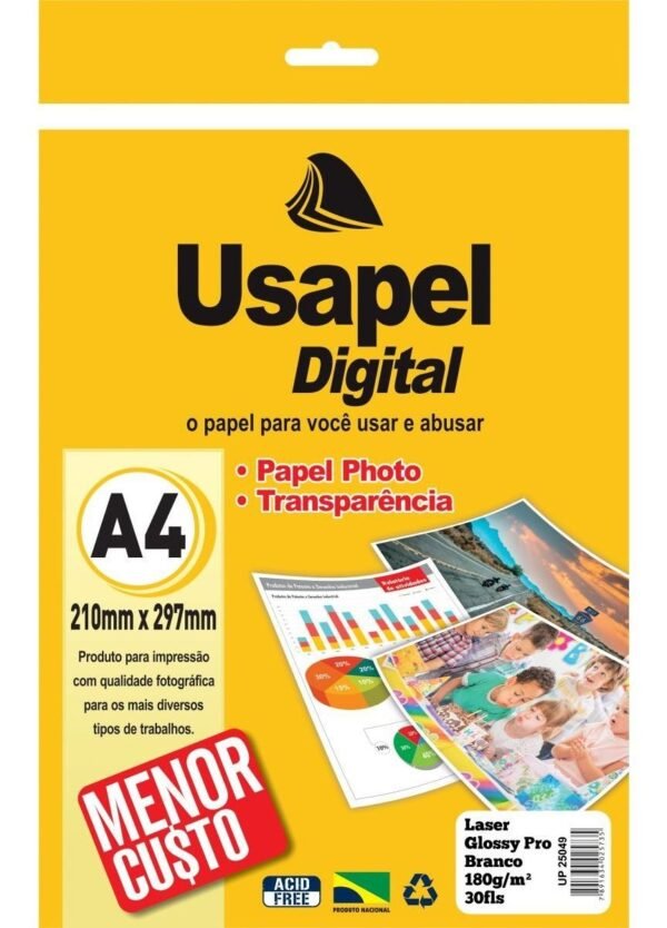 Papel Fotografico Laser Glossy Pro A4 180g Pct 30 Fls Usapel
