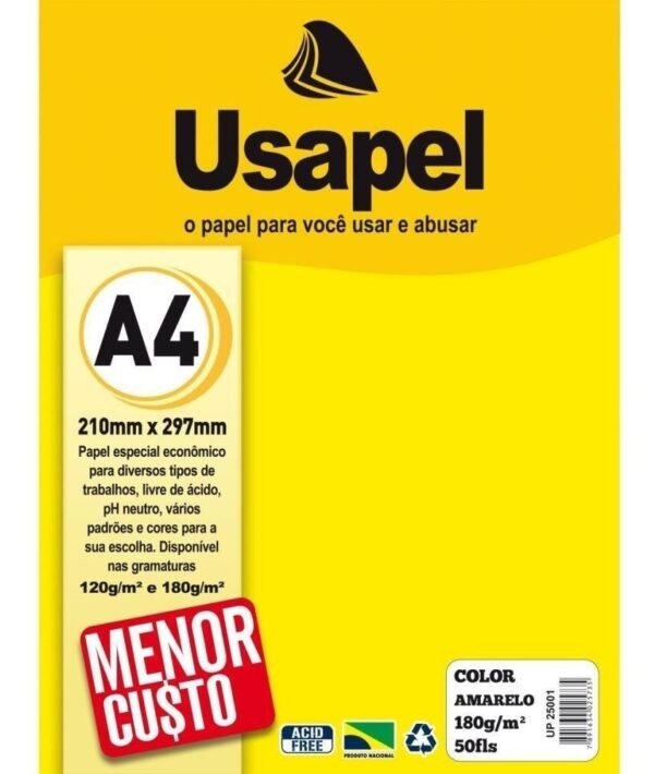 Papel Color A4 Amarelo 180g Pct 50Fls Usapel