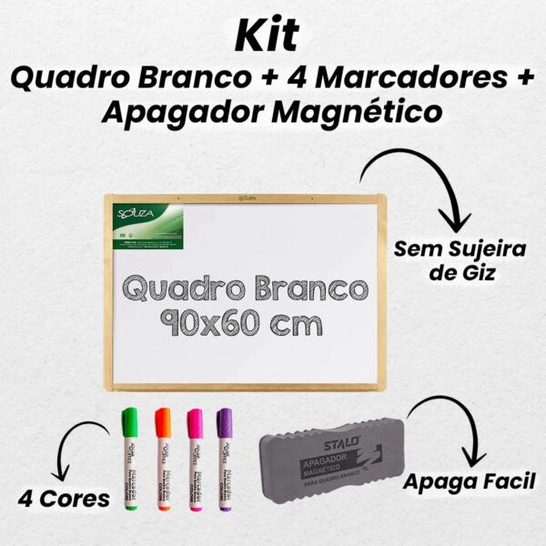 Lousa Quadro Branco 90x60cm + Apagador Marcadores Coloridos - Image 2