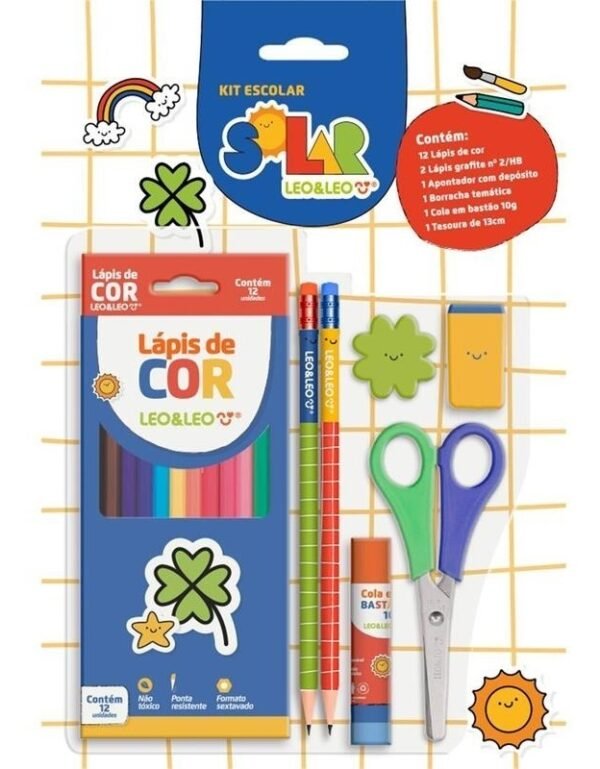 Kit Escolar Solar Lápis de Cor 12 Cores Blister Leo&leo