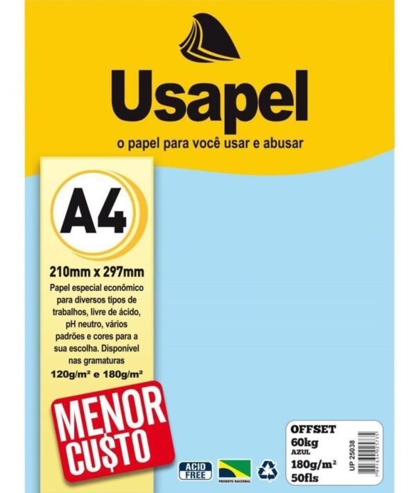 Papel Sulfite A4 Offset 60K Azul 180g Pct 50Fls Usapel