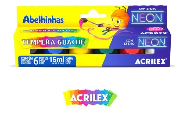 Tinta Tempera Guache Neon 6 Potes c/ 15ml-Pct c/ 6 Caixas