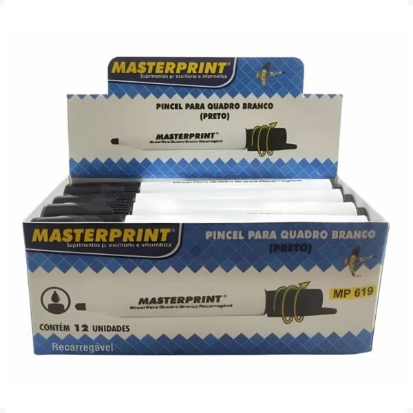 Pincel Recarregavel Quadro Branco MP619 Preto Masterprint CX 12un